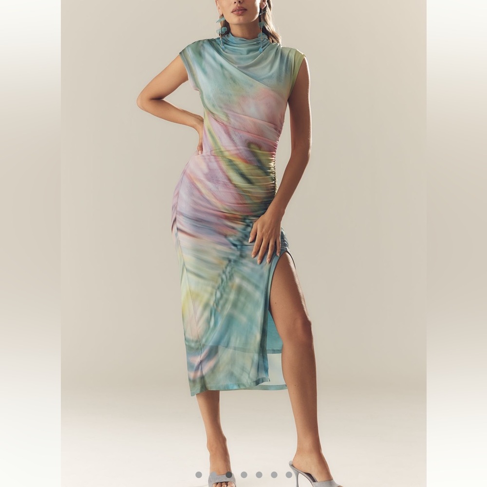 Anthropologie Maya Ruched Cowl Neck Mesh Dress NEW Small Art Watercolor Green